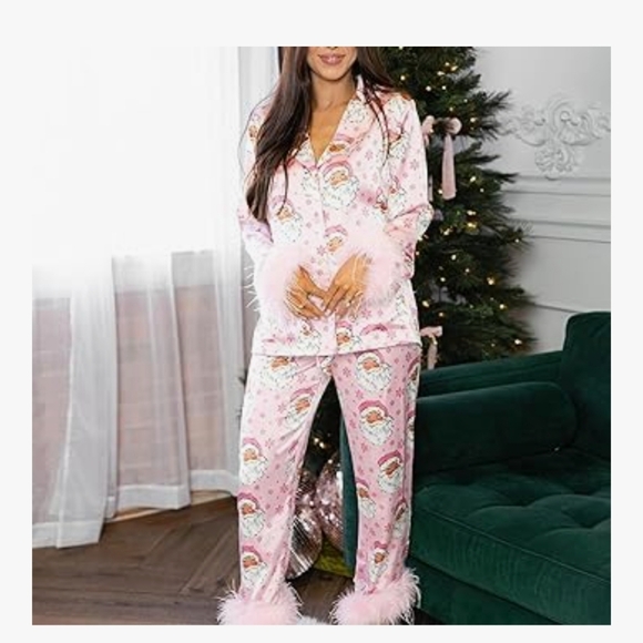 Other - Women's Pink Feather Trim Pajama Set